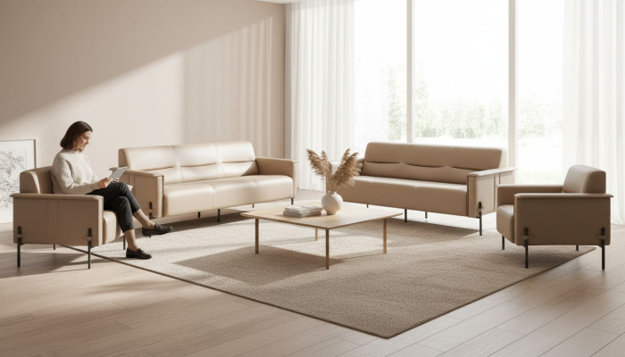 Komplett Sofa-Set 3-Sitzer Sessel Ledersofa Modern Lehnsessel Leder