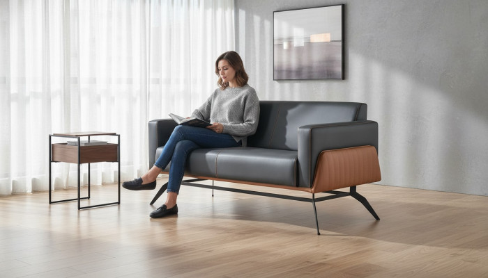 Couch Schwarz Braun Sofa 2-Sitzer Ledersofa Modern Edelstahl Leder Holz