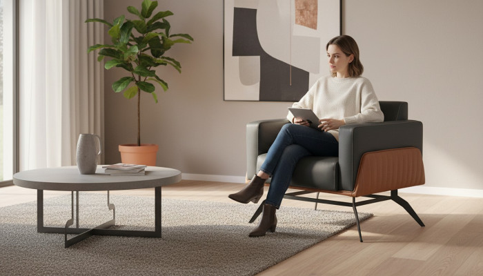 Lehnsessel Sessel 1-Sitzer Sitzmöbel Modern Leder Edelstahl Holz Zweisitzig