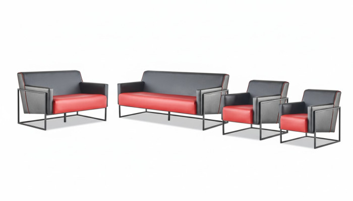 Komplett-Set 3-Sitzer Sessel Schwarz Rot Sofa-Set Leder Edelstahl Holz