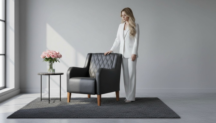 Lehnsessel Schwarz Sessel Leder Holz Modern 1-Sitzer Weiche Sitzmöbel