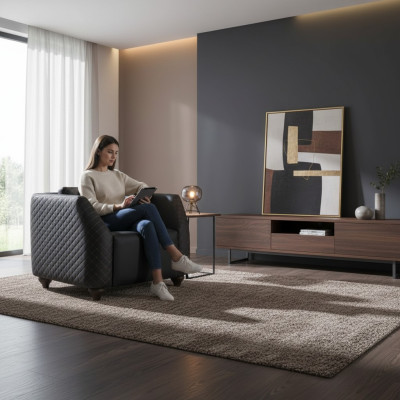 Sessel Schwarz Lehnsessel Modern Polster Leder Kissen 1-Sitzer Holz