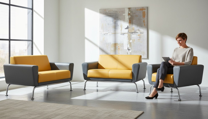 Sitzmöbel-Set Leder Ledersofas 2-Sitzer Sessel Gelb Grau Edelstahl Holz