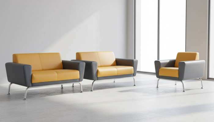 Sitzmöbel-Set Leder Ledersofas 2-Sitzer Sessel Gelb Grau Edelstahl Holz