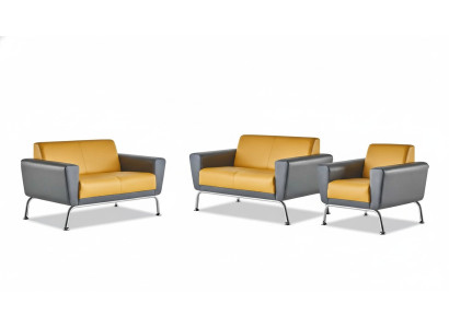 Sitzmöbel-Set Leder Ledersofas 2-Sitzer Sessel Gelb Grau Edelstahl Holz