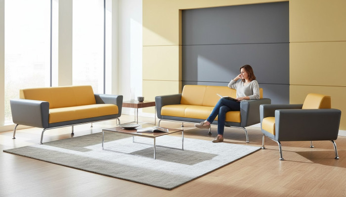 Ledersofa Leder Edelstahl Modern Gelb Grau 3-Sitzer Sessel Sofa-Set