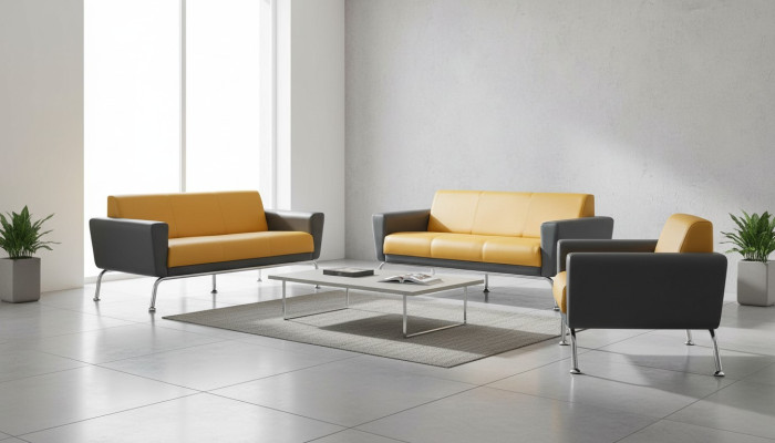 Ledersofa Leder Edelstahl Modern Gelb Grau 3-Sitzer Sessel Sofa-Set