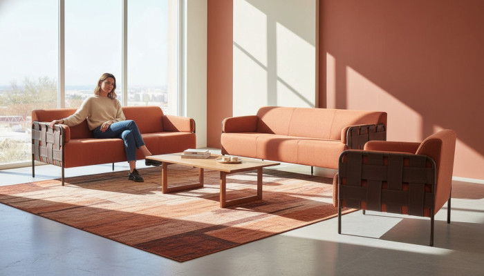 Ledersofas-Set Modern Komplett Sofas 3-Sitzer Sessel Orange Edelstahl