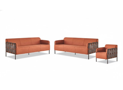 Ledersofas-Set Modern Komplett Sofas 3-Sitzer Sessel Orange Edelstahl