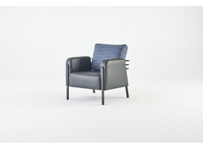 Sessel Grau Blau Polster Kissen Leder Textil Modern Edelstahl 1-Sitzer