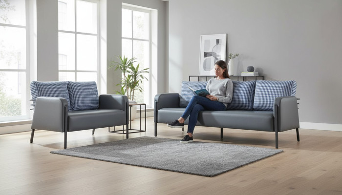 Sitzmöbel Set 3-Sitzer 2-Sitzer Grau Blau Polster Modern Leder Textil