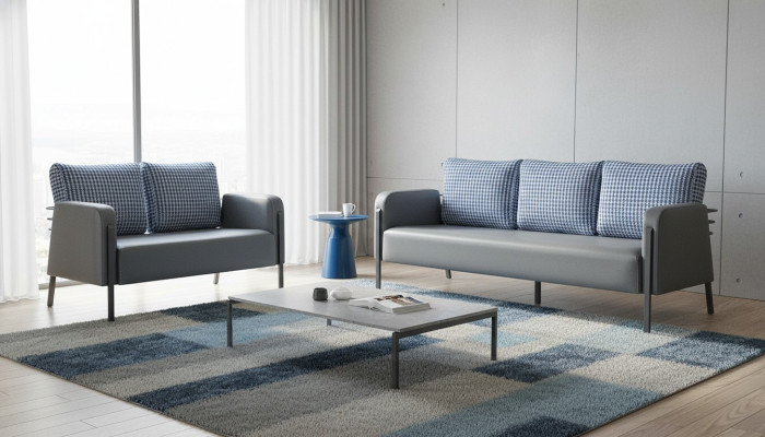 Sitzmöbel Set 3-Sitzer 2-Sitzer Grau Blau Polster Modern Leder Textil