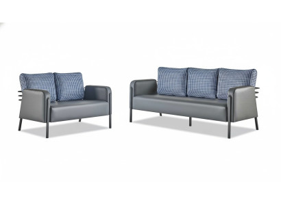 Sitzmöbel Set 3-Sitzer 2-Sitzer Grau Blau Polster Modern Leder Textil