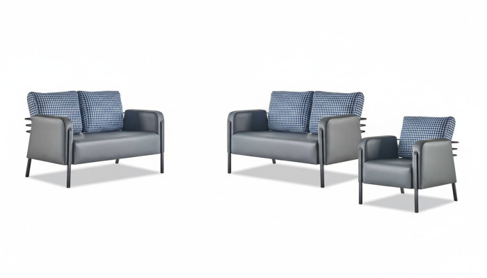 Komplett Ledersofa Set 2-Sitzer Sessel Modern Grau Blau Leder Textil