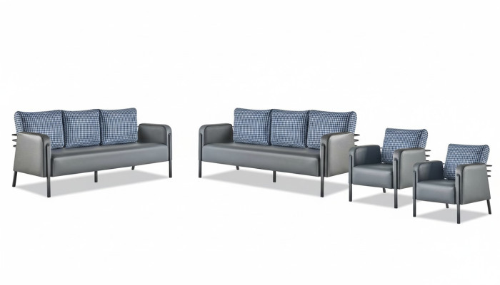 Sofas Polster Edelstahl Ledersofa-Set 3-Sitzer Sessel Grau Blau Textil