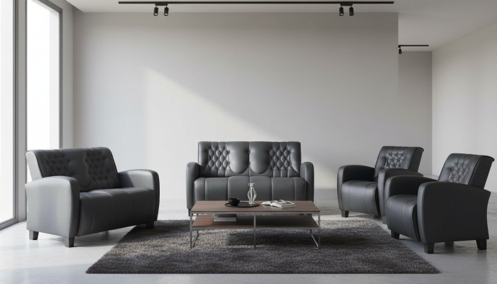 Sofagarnitur-Set 2-Sitzer Sessel Schwarz Chesterfield Modern Ledersofas