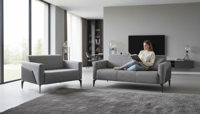 Sofa-Set Sofagarnitur 3-Sitzer 2-Sitzer Grau Leder Modern Couch Textil