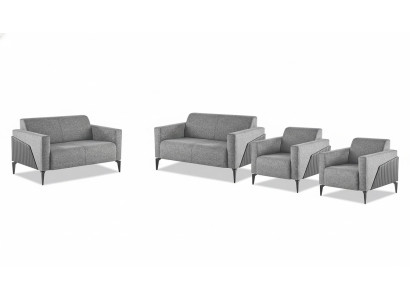 Komplett Sofa-Set Sofagarnitur 2-Sitzer Sessel Grau Edelstahl Textil Holz
