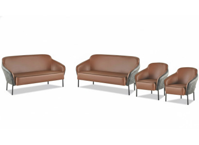 Sofa-Set Braun Schwarz Sofagarnitur 2-Sitzer Sessel Leder Edelstahl Holz