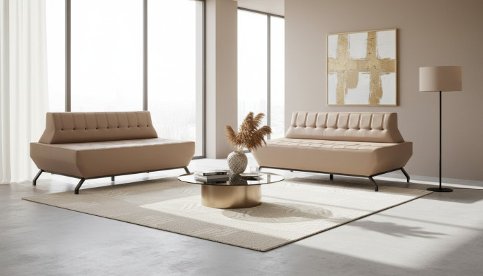 Ledersofas Set 2-Sitzer Beige Leder Art Deco Stil Chesterfield Edelstahl