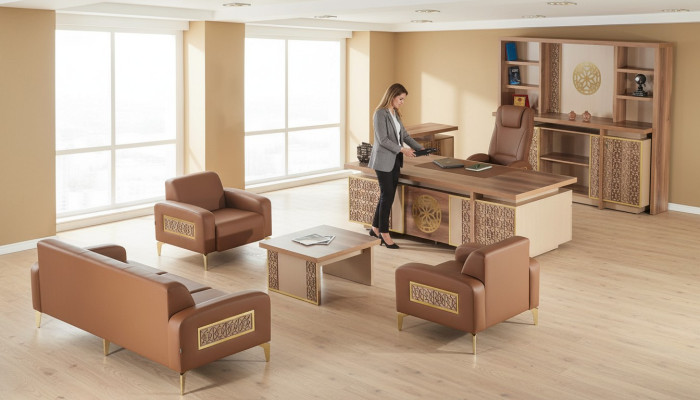 Büroeinrichtung Komplett Schreibtisch Sofas Stauraum Arbeitszimmer Braun