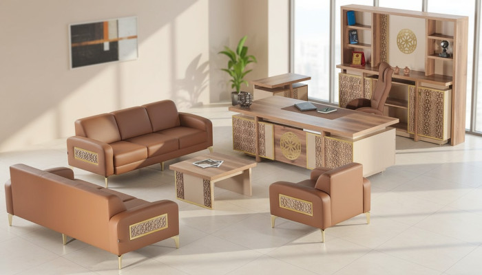 Büroeinrichtung Komplett Schreibtisch Sofas Stauraum Arbeitszimmer Braun