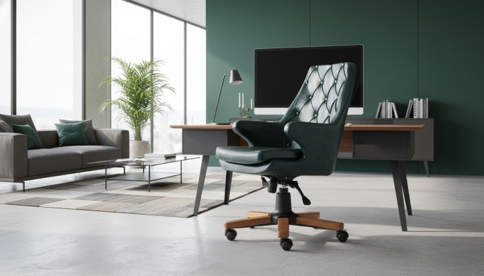 Arbeitszimmer Bürostuhl Rollen Grün Knöpfe Klassisch Leder Chesterfield