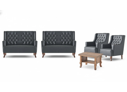 Ledersofas Set 3-Sitzer Sessel Chesterfield Couchtisch Sofa-Set Holz