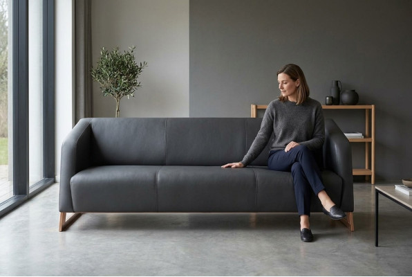 Ledersofa 3-Sitzer Modern Schwarz Leder Holz Dreisitzig Couch Armlehnen