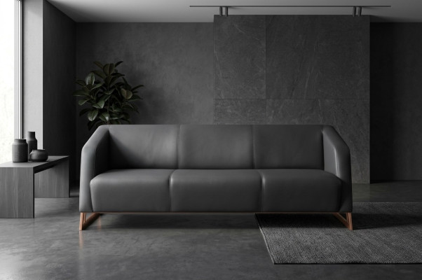 Ledersofa 3-Sitzer Modern Schwarz Leder Holz Dreisitzig Couch Armlehnen