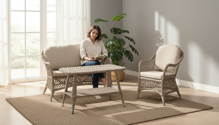 Gartenmöbel Sofa 2 Sitzer Beige Robuste Garten Rattan Garnitur Couchtisch Sessel