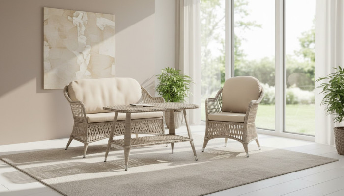Gartenmöbel Sofa 2 Sitzer Beige Robuste Garten Rattan Garnitur Couchtisch Sessel