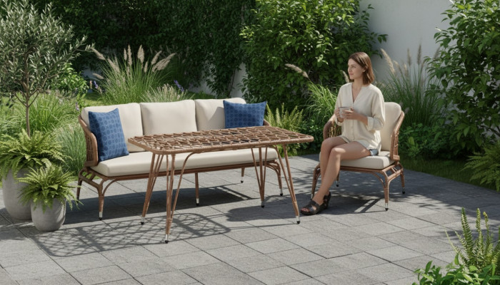 Gartenmöbel Braun Robuste Garten Rattan Garnitur Couchtisch Sessel Sofa 3 Sitzer