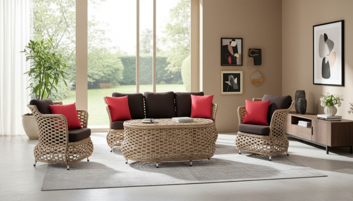 Gartenmöbel Sofa 3 Sitzer 2x Sessel Robuste Garten Braun Garnitur Couchtisch