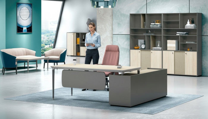 Arbeitszimmermöbel Komplettbüro Arbeitstisch Büroschrank Grau Holz Set