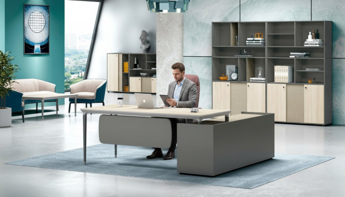 Arbeitstisch Ecke Tisch Bürotisch Schreibtisch Büromöbel Holz Grau