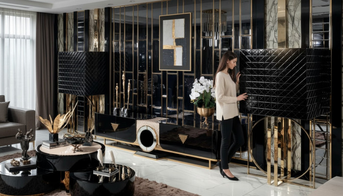 Lowboard Vitrine Wohnzimmer Set Dunkles Edelstahl Regale Ästhetik 3tlg