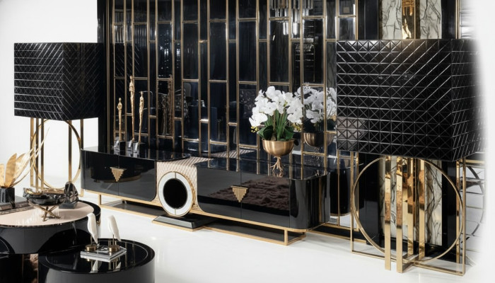 Lowboard Vitrine Wohnzimmer Set Dunkles Edelstahl Regale Ästhetik 3tlg