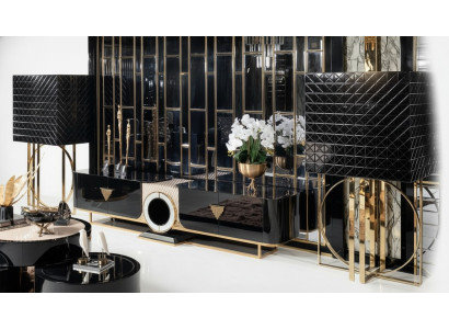 Lowboard Vitrine Wohnzimmer Set Dunkles Edelstahl Regale Ästhetik 3tlg