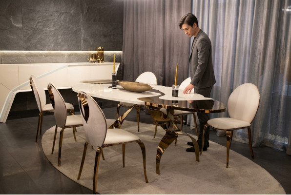 Esszimmer Set Luxus Stuhl Set 6x Stühle Essgruppe Garnitur Gold Weiß Stuhlgruppe