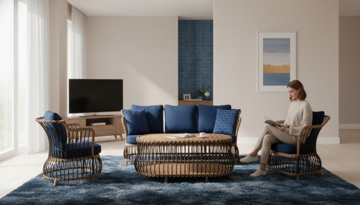 Gartenmöbel Sofa 3 Sitzer Couchtisch Blau Sessel Dreisitzer Rattan Luxus Modern