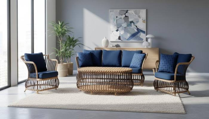 Gartenmöbel Sofa 3 Sitzer Couchtisch Blau Sessel Dreisitzer Rattan Luxus Modern
