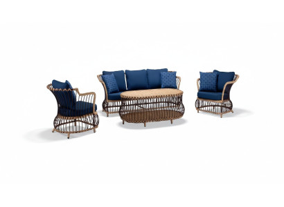 Gartenmöbel Sofa 3 Sitzer Couchtisch Blau Sessel Dreisitzer Rattan Luxus Modern
