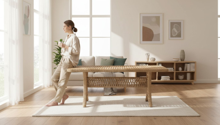 Couchtisch Hochwertig Beige Moderner Kaffeetisch Rattan Beistell Design Luxus