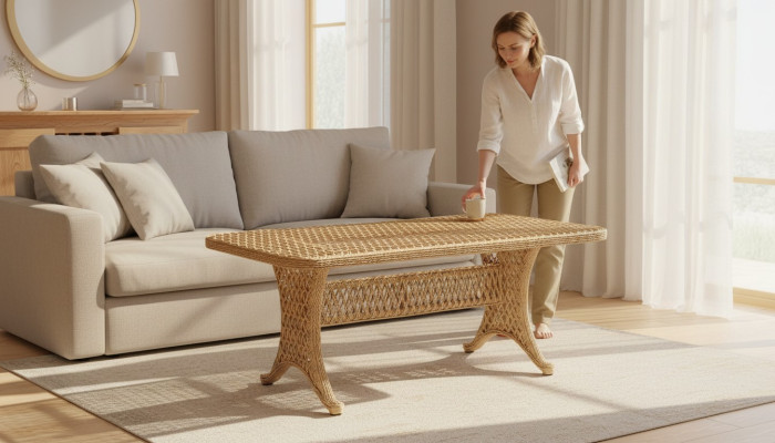 Couchtisch Rattan Hochwertig Beige Moderner Kaffeetisch Beistell Design Luxus
