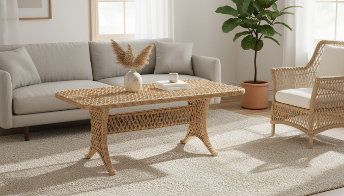 Couchtisch Rattan Hochwertig Beige Moderner Kaffeetisch Beistell Design Luxus