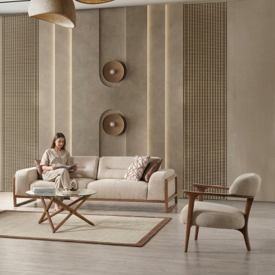 3 Sitzer Sofas Couch Polster Sofagarnitur Sessel Wohnzimmer Design Textil Stoff