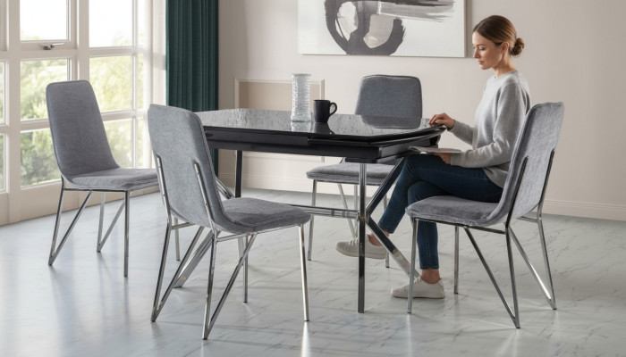 Esszimmer Set Grau Garnitur Tisch 4x Stühle Design Modern Möbel Luxus Esstisch