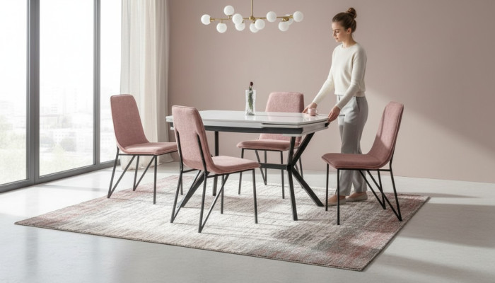 Esszimmer Set Rosa Garnitur Tisch 4x Stühle Design Modern Möbel Luxus Esstisch