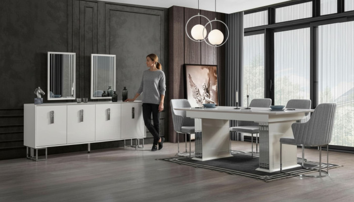 Esszimmer Set Weiß Garnitur Tisch Sideboard 4x Stühle Design Modern Möbel